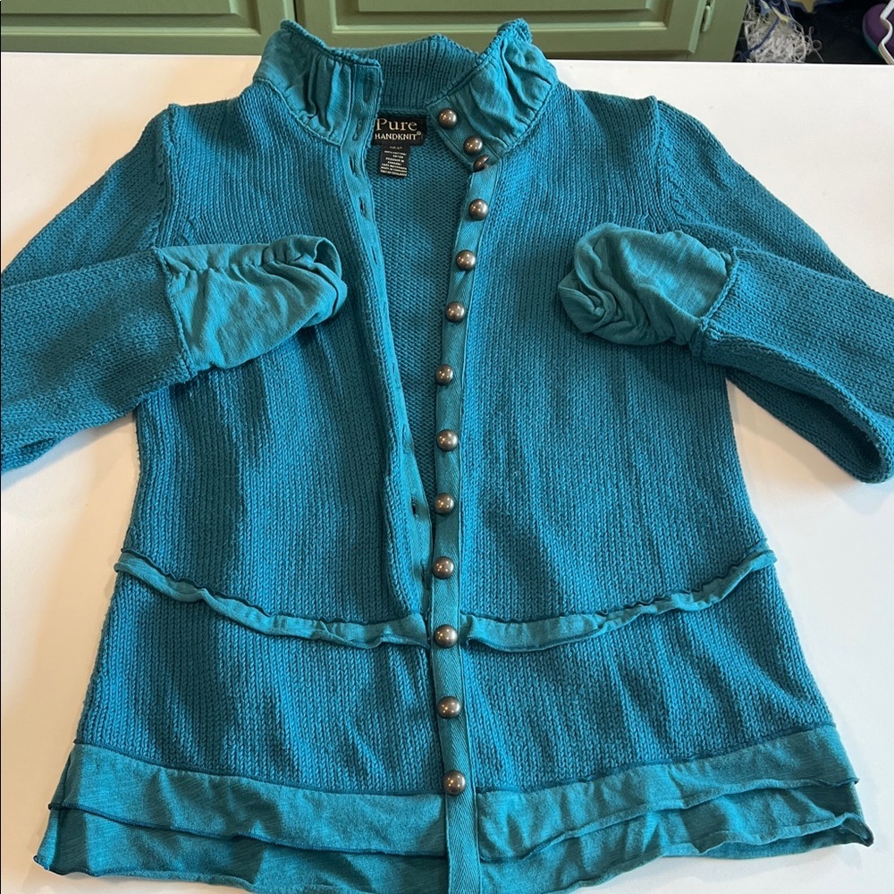 Pure Handknit -‎ XS, 100% cotton Turquoise Button-Up Cardigan
